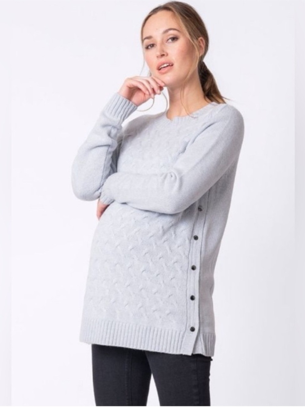 Seraphine Sz M Ice Blue Cable Knit Maternity Nursing Knit Wool Blend Sweater